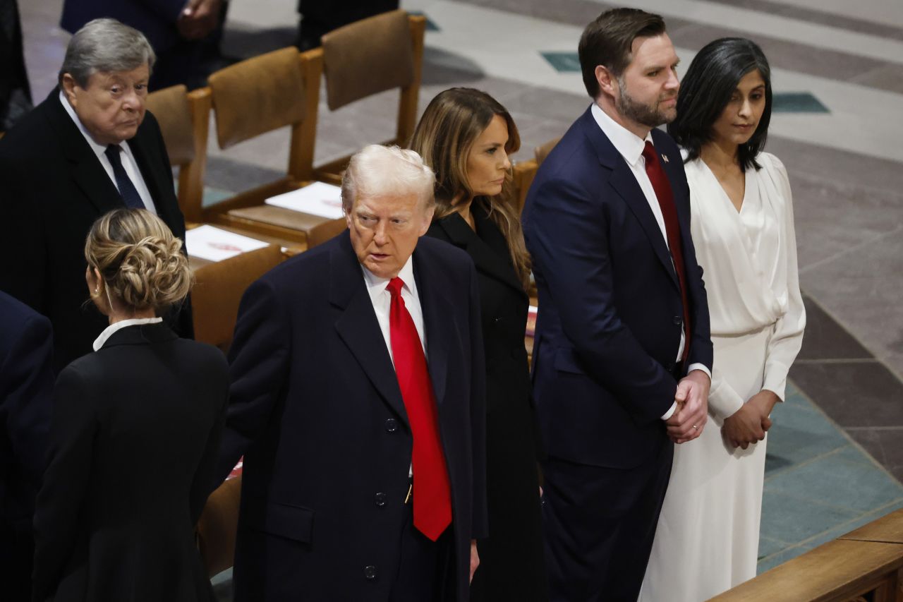 WASHINGTON, DC - JANUARY 21: (L-R) U.S. President Donald Trump, first lady Melania Trump, U.S. Vice President J.D. Vance and second lady Usha Vance arrive to the National Prayer Service at Washington National Cathedral on January 21, 2025 in Washington, DC. Tuesday marks Trump's first full day of his second term in the White House. (Photo by Chip Somodevilla/Getty Images)