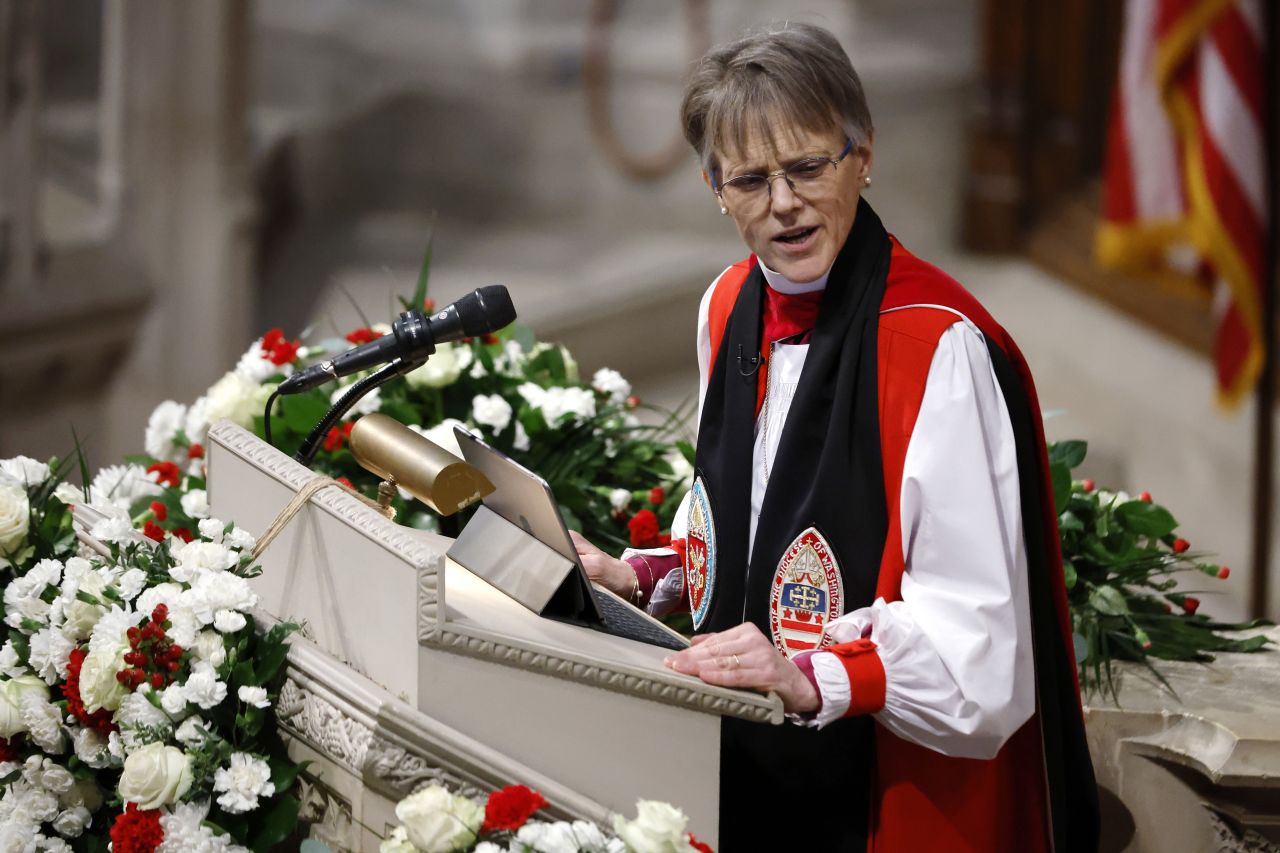 Bishop Mariann Edgar Budde delivers a sermon during the National Prayer Service at Washington National Cathedral on Tuesday.