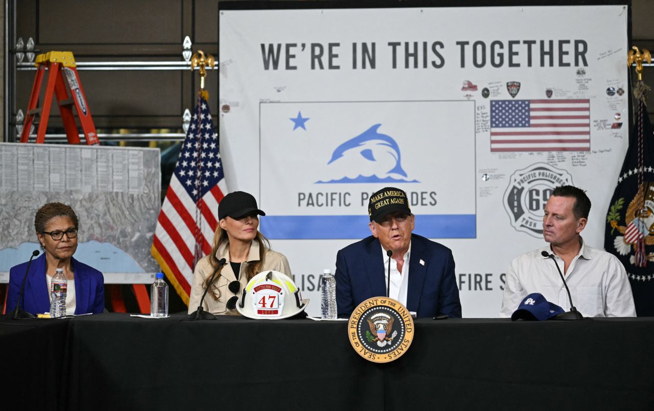 US President Donald Trump speaks during a fire emergency briefing at Station 69 in Pacific Palisades, on Friday.