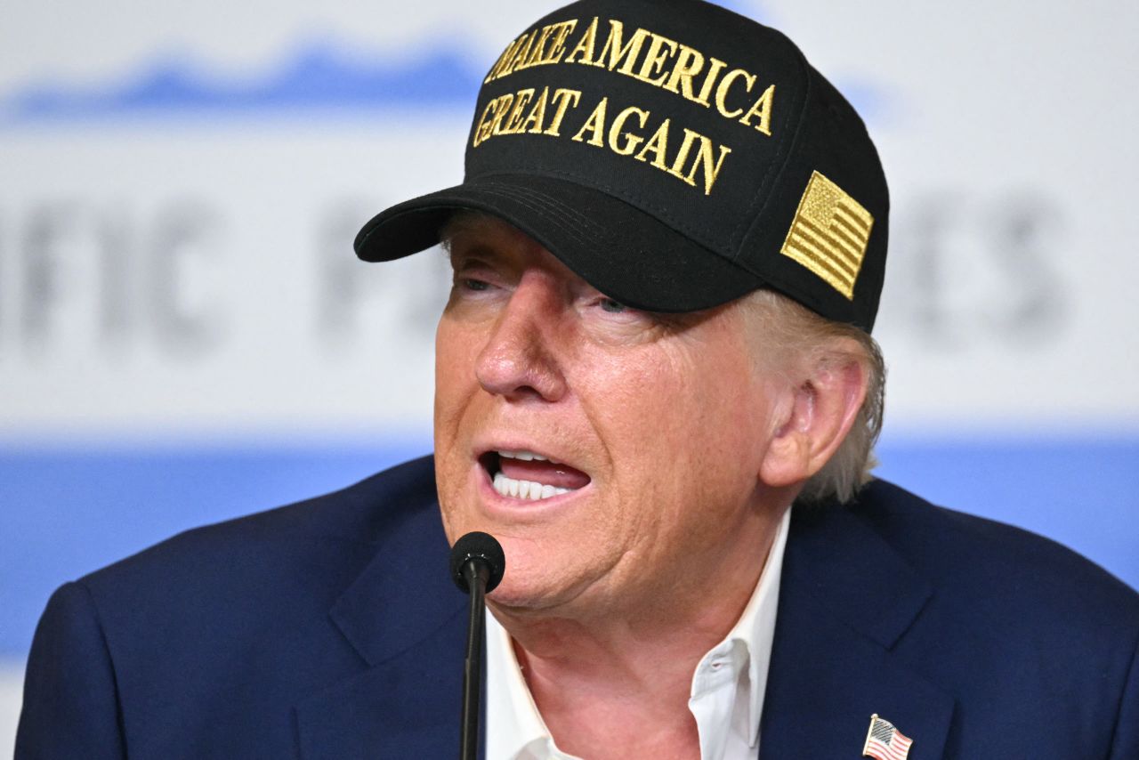 President Donald Trump speaks during an emergency briefing at fire at resort 69 in the Pacific Palisades district of Los Angeles on Friday.