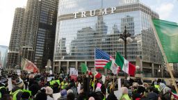 Protesters gather for a rally and march to Trump Tower, demanding a halt to deportation plans in Chicago, Illinois, United States on January 25, 2025.