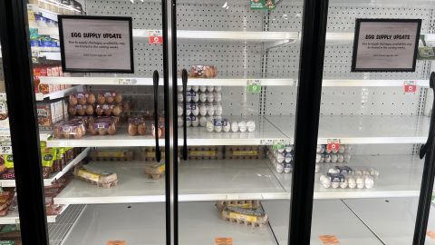 MIAMI, FLORIDA - JANUARY 23: A sign indicates that, 'due to supply shortages, availability may be limited in the coming weeks', in the egg section of a grocery store on January 23, 2025 in Miami, Florida. Grocery stores across the nation are running short on eggs, and the situation may not improve for months. The avian influenza has killed as many as 17.2 million egg-laying hens, causing an egg shortage.  (Photo by Joe Raedle/Getty Images)