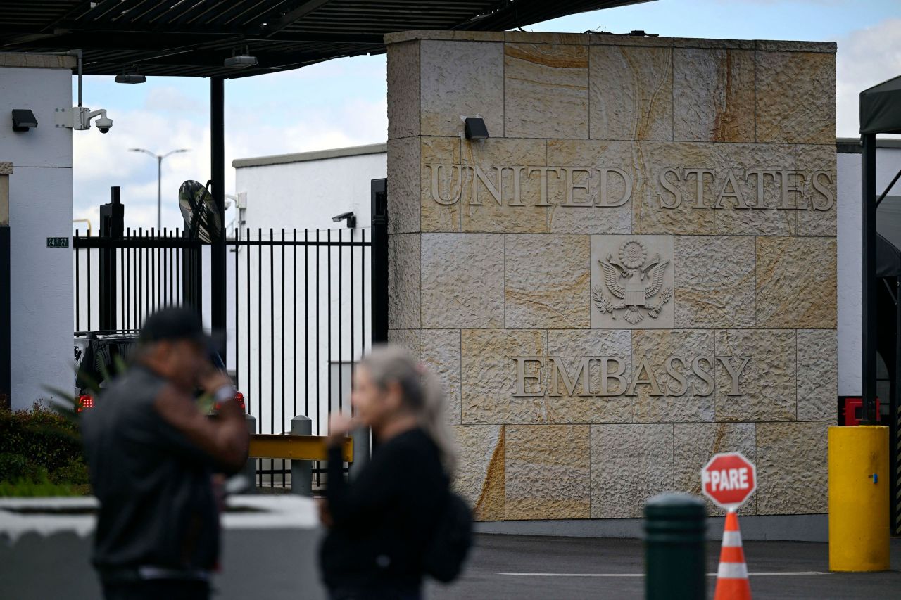 The entrance of the United States Embassy is seen in Bogota, Colombia, on Sunday.