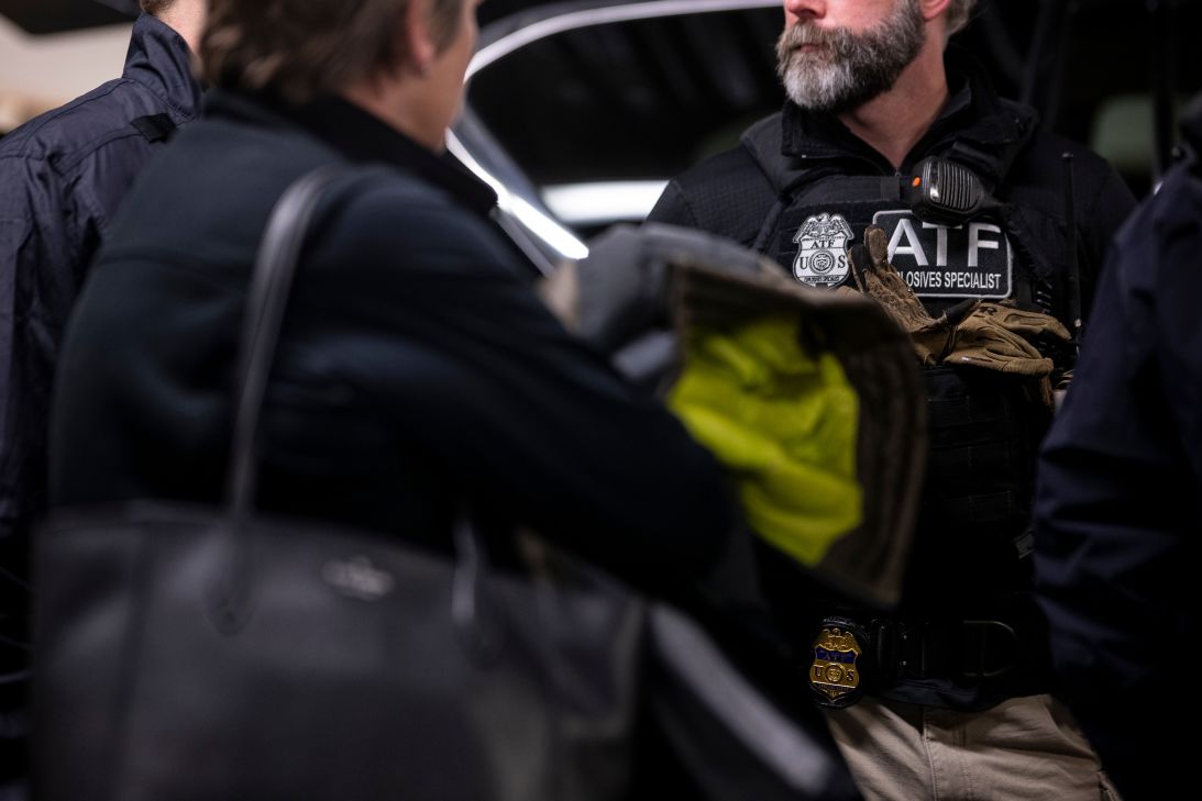 Bureau of Alcohol, Tobacco, Firearms and Explosives (ATF) agents, along with other federal law enforcement agencies, attend a pre-enforcement meeting in Chicago, Illinois, on January 26.