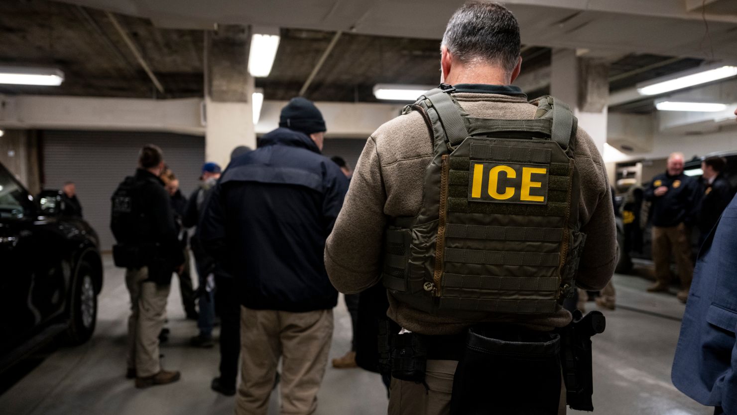 US Immigration and Customs Enforcement (ICE) agents, along with other federal law enforcement agencies, attend a pre-enforcement meeting in Chicago, Illinois, US, on Sunday, Jan. 26, 2025.