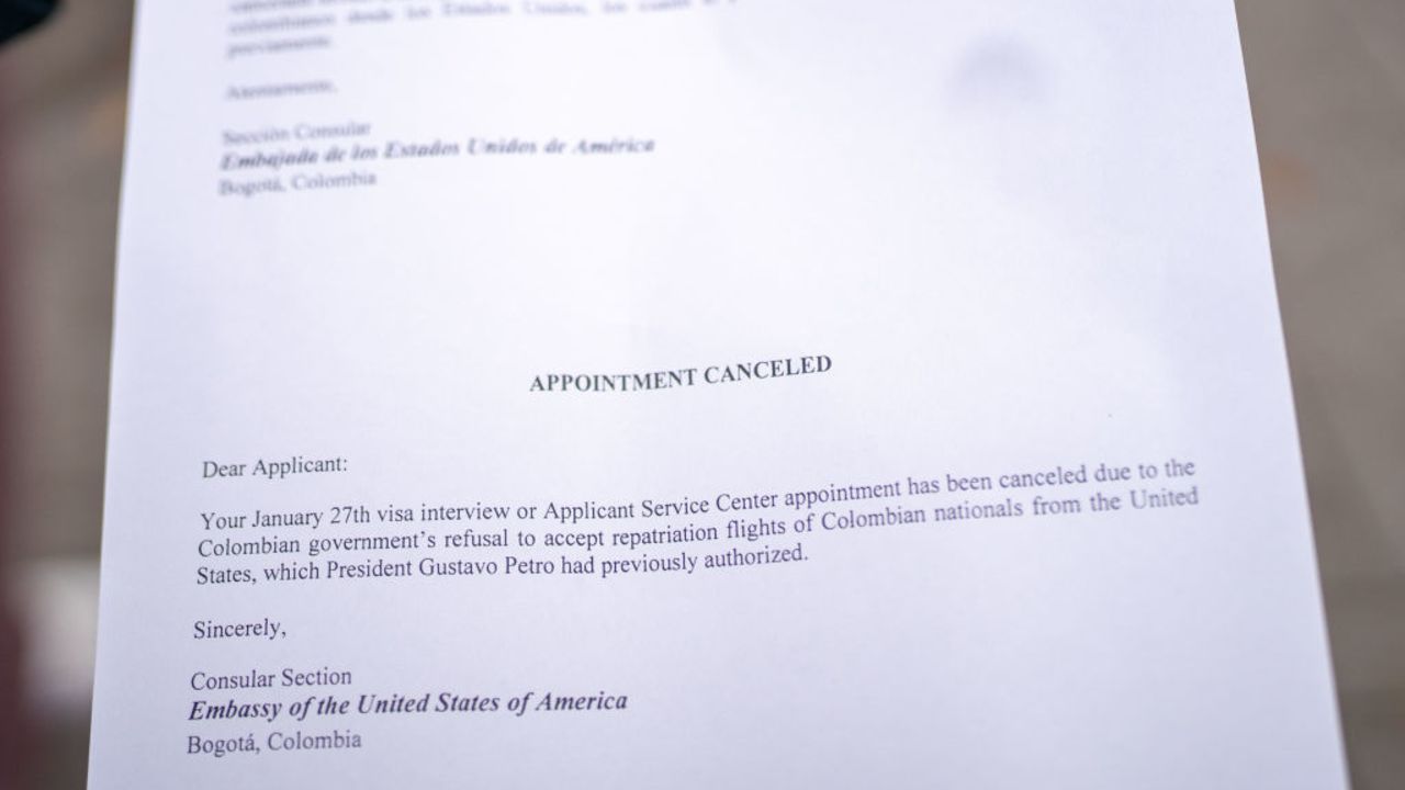 BOGOTA, COLOMBIA - JANUARY 27: Notification of visa appointment cancelation at US Embassy on January 27, 2025 in Bogota, Colombia. Marco Rubio, US secretary of state, ordered the suspension of the issuance of visas at the US Embassy in Bogota on January 26 after the refusal by president Gustavo Petro of receiving flights with deported immigrants from the United States. (Photo by Diego Cuevas/Getty Images)