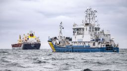 Swedish Coast Guard vessel KBV033 (R) and vessel Vezhen are anchored outside Karlskrona, Sweden, on January 27, 2025, for examination by Swedish authorities. Swedish authorities on Sunday, January 26, 2025 seized the ship suspected of having sabotaged a fibre-optic cable in the Baltic Sea, the prosecutors' office announced. Prosecutors have opened an investigation for "aggravated sabotage" after the undersea cable running between Sweden and Latvia was damaged, said the statement.