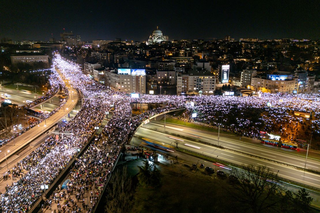 Students and protesters demonstrate in Belgrade on January 27, 2025, to put pressure on the government over the collapse of the train station roof in November 2024.