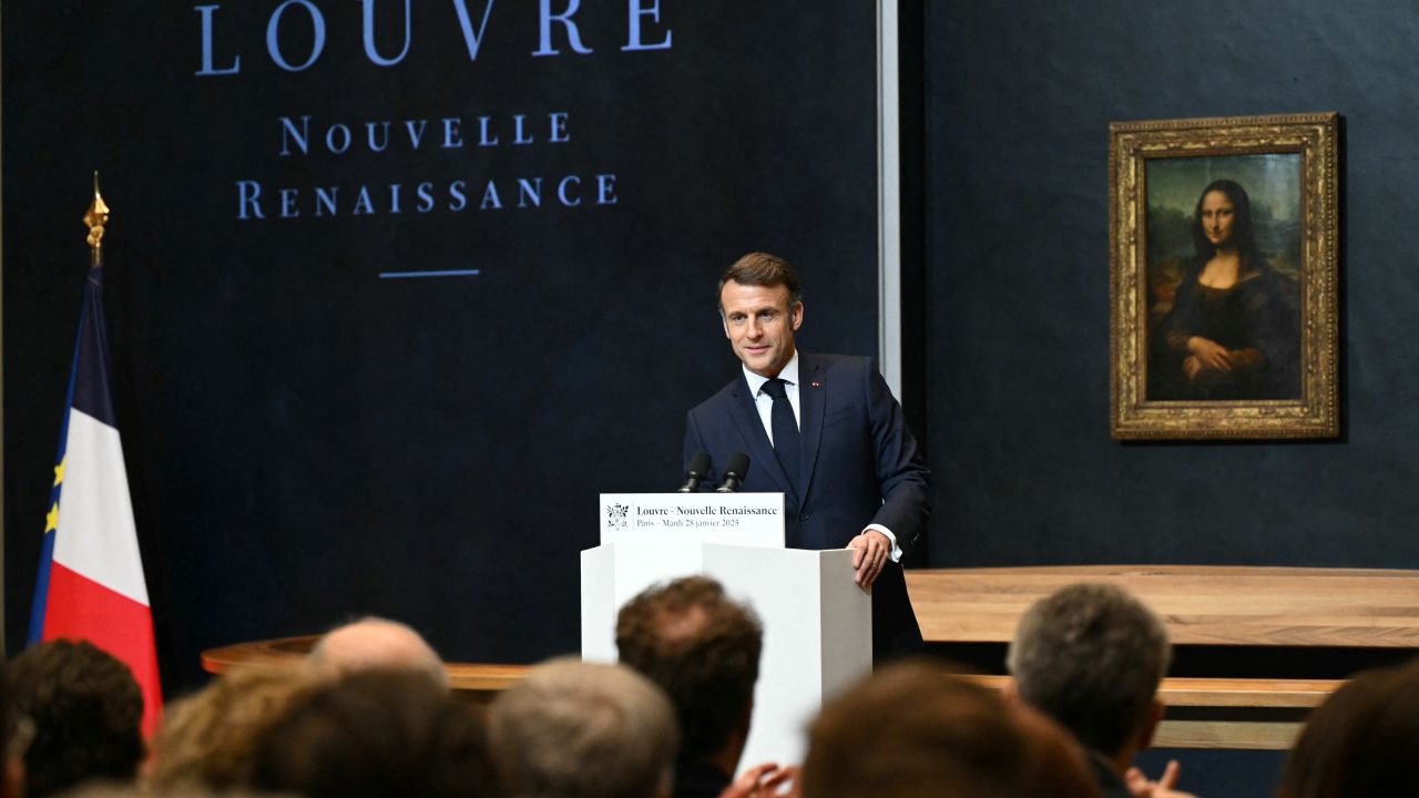 's President Emmanuel Macron gives a speech in front of the painting "La Joconde" (the Mona Lisa) by Italian artist Leonardo Da Vinci at the Louvre Museum in Paris on January 28, 2025. Leonardo da Vinci's Mona Lisa will be moved to a new special space in the Louvre, accessible independently from the rest of the museum and for this reason provided with its own access ticket, Emmanuel Macron announced on January 28, 2025. (Photo by Bertrand GUAY / POOL / AFP) / RESTRICTED TO EDITORIAL USE - MANDATORY MENTION OF THE ARTIST UPON PUBLICATION - TO ILLUSTRATE THE EVENT AS SPECIFIED IN THE CAPTION (Photo by BERTRAND GUAY/POOL/AFP via Getty Images)