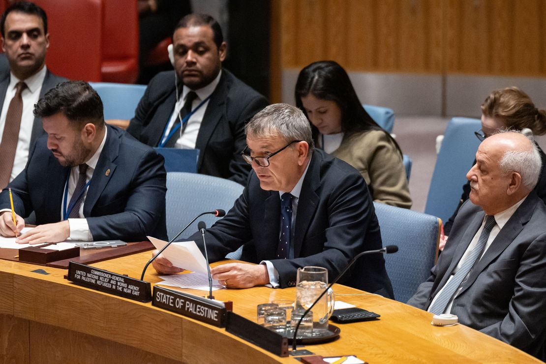 Philippe Lazzarini (center), UNWRA commissioner-general, speaks during a UN Security Council meeting in New York City on January 28.