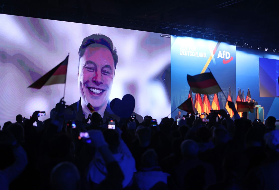 Tech billionaire Elon Musk speaks live via a video transmission during a speech by party co-leader Alice Weidel in February.