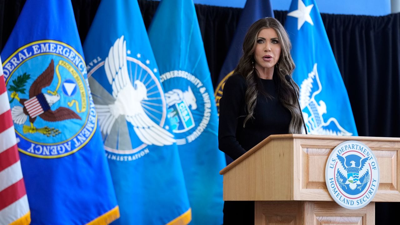 U.S. Homeland Security Secretary Kristi Noem delivers remarks to staff at the Department of Homeland Security headquarters on January 28, 2025 in Washington, DC. Former South Dakota Governor and Trump ally, Noem will oversee immigration, counterterrorism, and FEMA, which President Trump recently suggested could be disbanded.