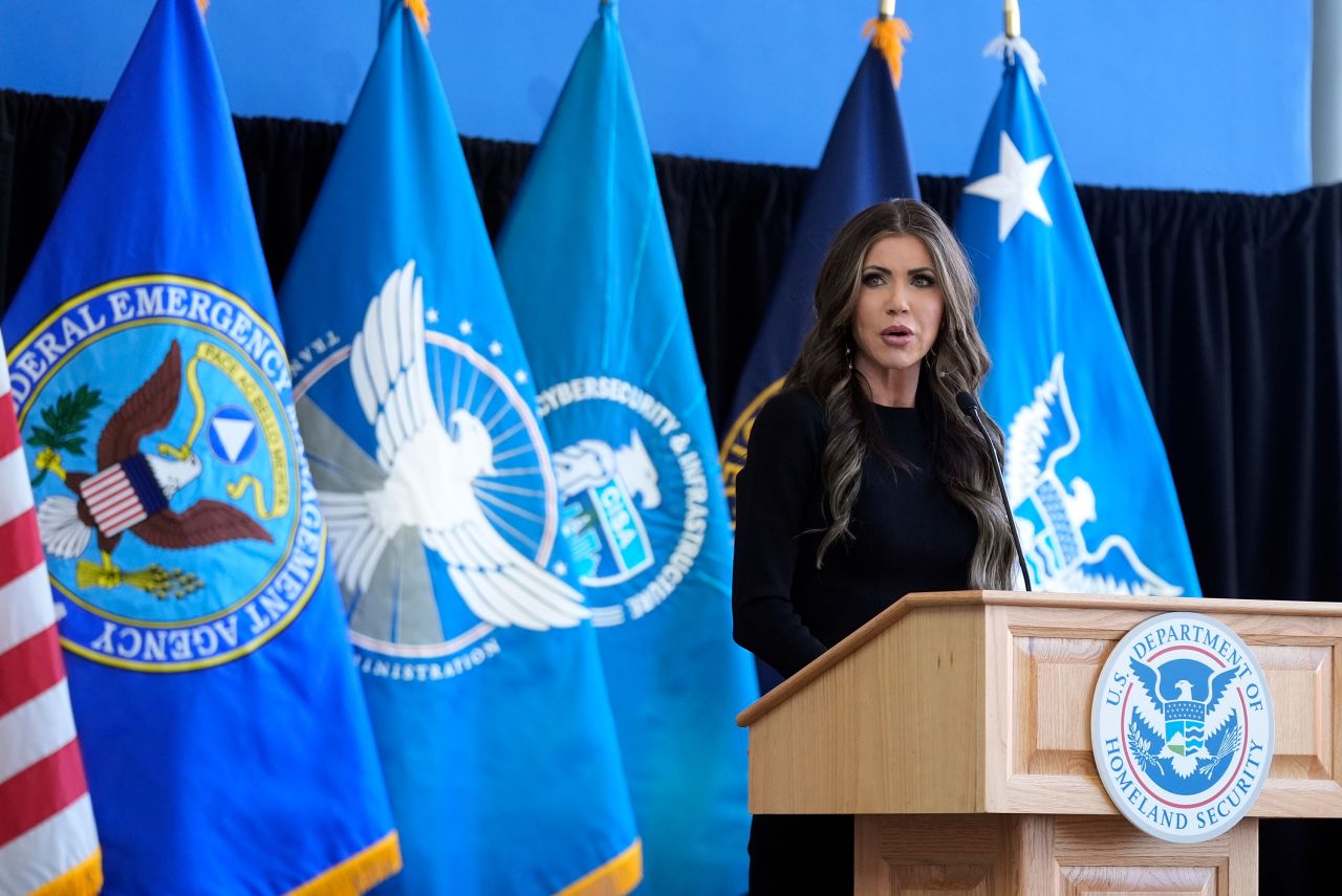 Homeland Security Secretary Kristi Noem delivers remarks to staff at the Department of Homeland Security headquarters on January 28 in Washington, DC.