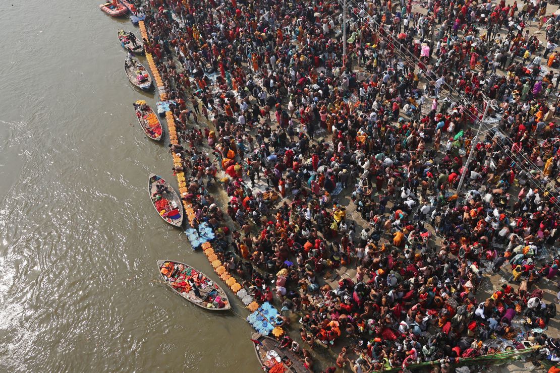 Hours after the crowd crush, pilgrims continued to gather to take a holy dip during the Maha Kumbh Mela festival in Prayagraj on January 29, 2025.