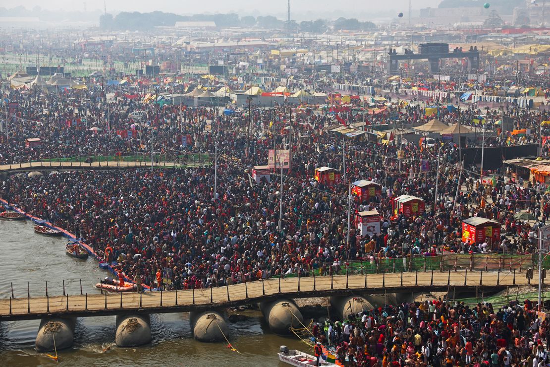 Pilgrims gather to take a holy dip during the festival in Prayagraj on Wednesday, January 29.