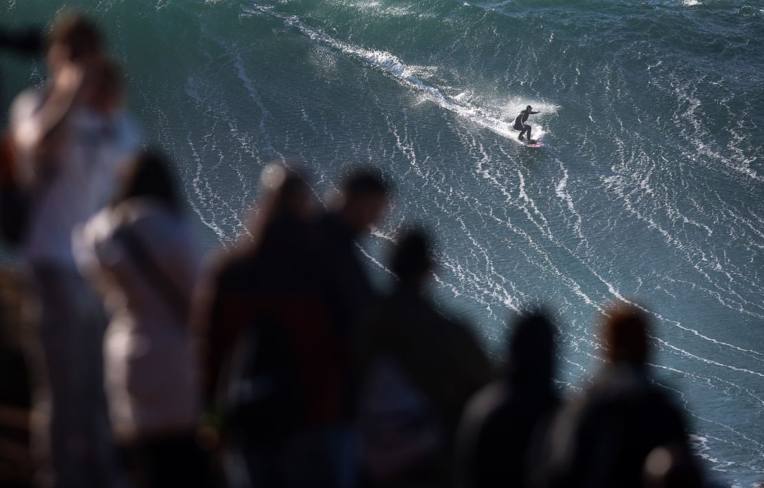 Laura Crane during a surfing session at Praia do Norte on January 25 in Nazaré, Portugal.