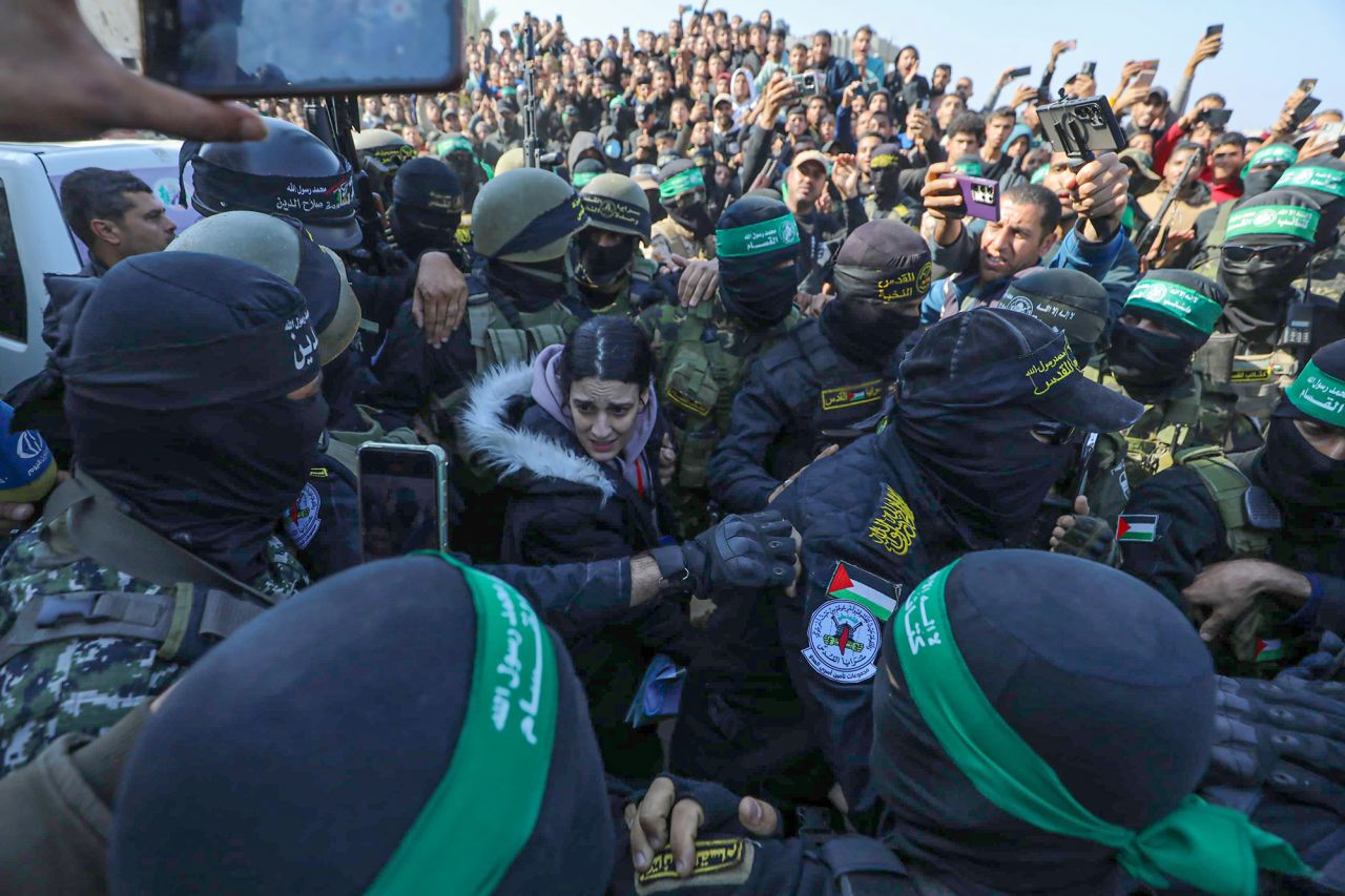 Israeli hostage Arbel Yehoud is handed over to Red Cross teams in Khan Younis, Gaza, on Thursday.