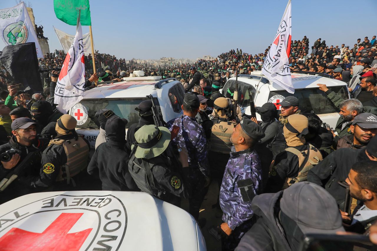Arbel Yehoud is handed over to the Red Cross amid chaotic scenes in Khan Younis, Gaza, on Thursday.