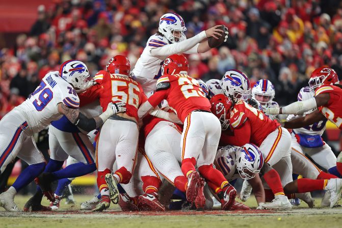 Buffalo Bills quarterback Josh Allen dives for a first down in Kansas City, Missouri, on January 26.