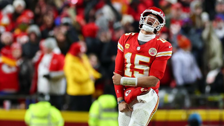 KANSAS CITY, MISSOURI - JANUARY 26: Patrick Mahomes #15 of the Kansas City Chiefs celebrates after a first down late in the fourth quarter of the AFC Championship Game against the Buffalo Bills at GEHA Field at Arrowhead Stadium on January 26, 2025 in Kansas City, Missouri. (Photo by Aaron M. Sprecher/Getty Images)