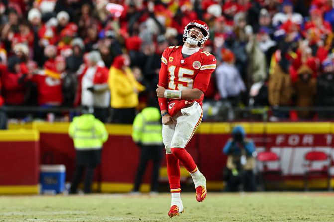 Kansas City Chiefs quarterback Patrick Mahomes celebrates after a <a  target="_top" href="/newspapers?url=https://www.cnn.com/sport/live-news/nfl-playoffs-01-26-2025#cm6egccp6002d3b6m098l5kw0">first down late in the fourth quarter</a> of the AFC Championship game against the Buffalo Bills at Arrowhead Stadium in Kansas City, Missouri, on Sunday, January 26. The Chiefs won 32-29. “I’m just so proud of my teammates on how they responded," Mahomes told CBS after the game. "That was a great football team. I’m just lost of words. I’m excited for New Orleans.”