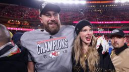 Taylor Swift celebrates with Travis Kelce #87 of the Kansas City Chiefs after defeating the Buffalo Bills 32-29 in the AFC Championship Game at GEHA Field at Arrowhead Stadium on January 26, 2025 in Kansas City, Missouri.