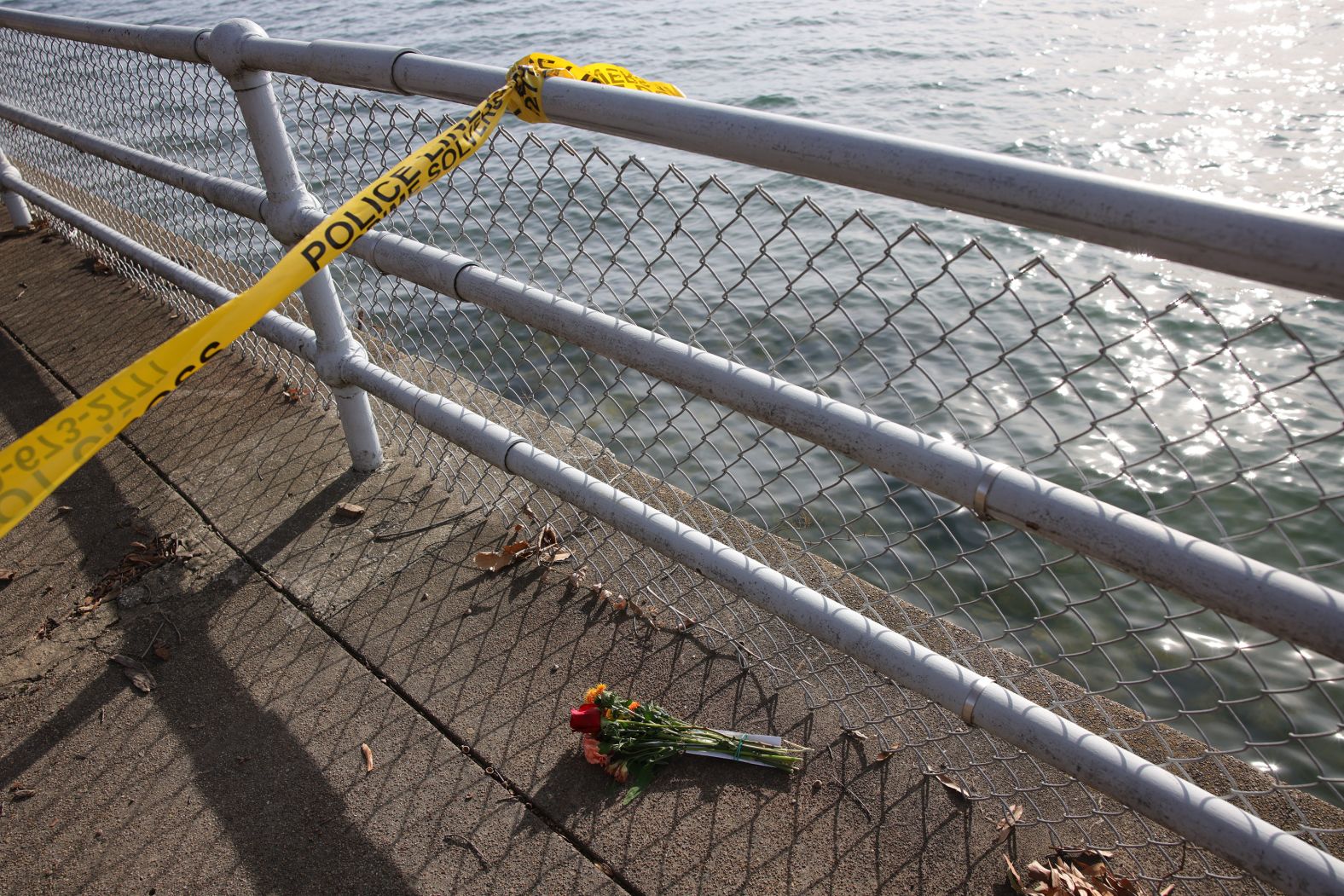 A bouquet of flowers sits on the banks of the Potomac on Thursday.
