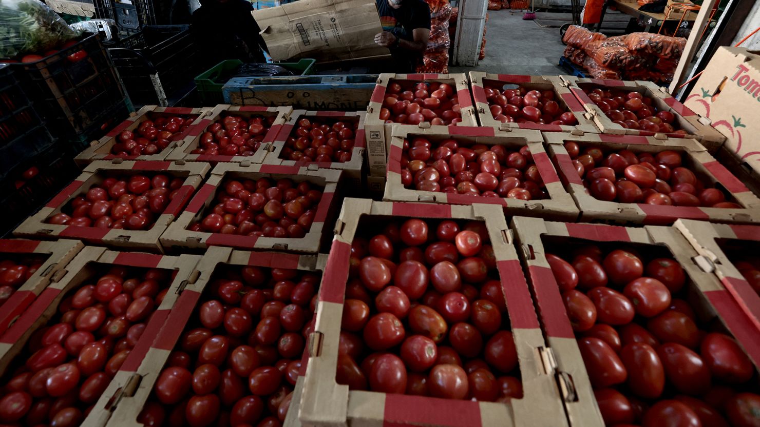 Boxes of tomatoes at the Central de Abastos market in Guadalajara, Mexico, on January 31. Prices for tomatoes could go up soon because of tariffs on Mexican imports.