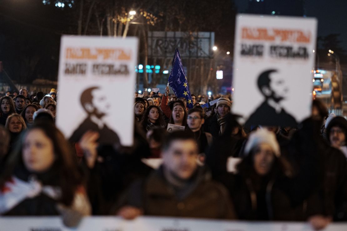 Demonstrators block traffic on the 65th consecutive day of protest in Tbilisi, Georgia, on January 31, 2025.