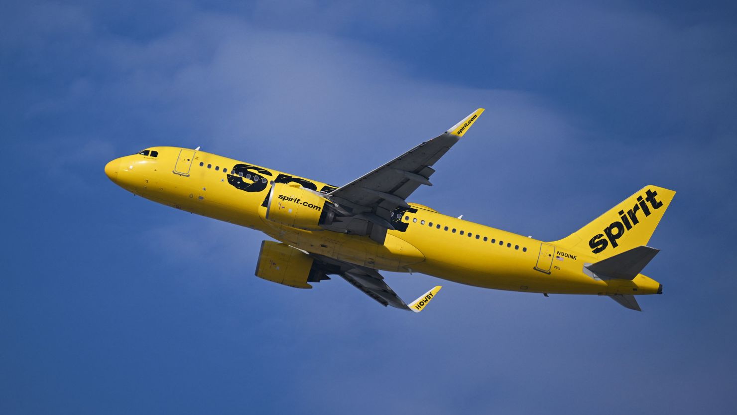 A Spirit Airlines plane takes off from from Los Angeles International Airport on January 31.