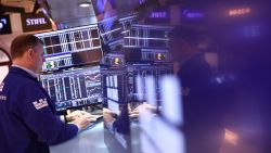 Traders work on the floor of the New York Stock Exchange during morning trading on January 28, 2025 in New York City.