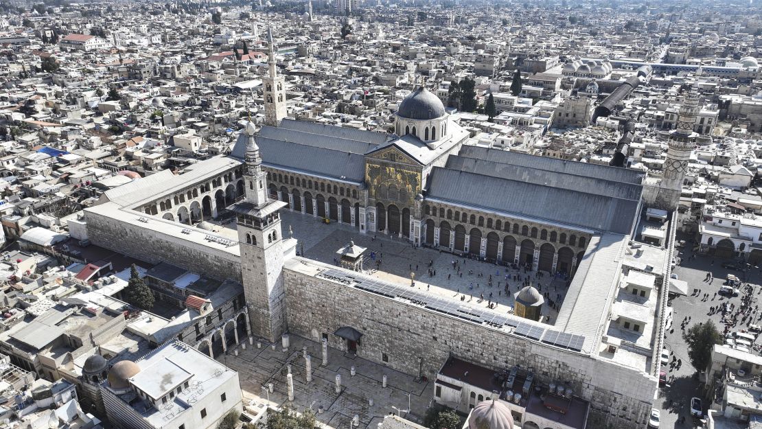 DAMASCUS, SYRIA - FEBRUARY 01: An aerial view of the Umayyad Mosque, showcasing its historic architecture during evening hours in Damascus, Syria on February 01, 2025. The Umayyad Mosque, one of the largest and most historically significant mosques in Syria, is a key religious site in the region. The mosque became one of the main places of worship frequented by residents of Damascus and surrounding towns after the fall of Bashar al-Assad's regime on 8 December. (Photo by Oguz Yeter/Anadolu via Getty Images)