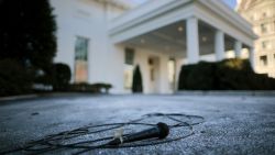 A television microphone lies on the ground outside the White House West Wing on January 29, 2025 in Washington, DC.