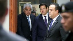 Panama's President Jose Raul Mulino (L) and US Secretary of State Marco Rubio arrive for a meeting at the presidential palace in Panama City on February 2, 2025.