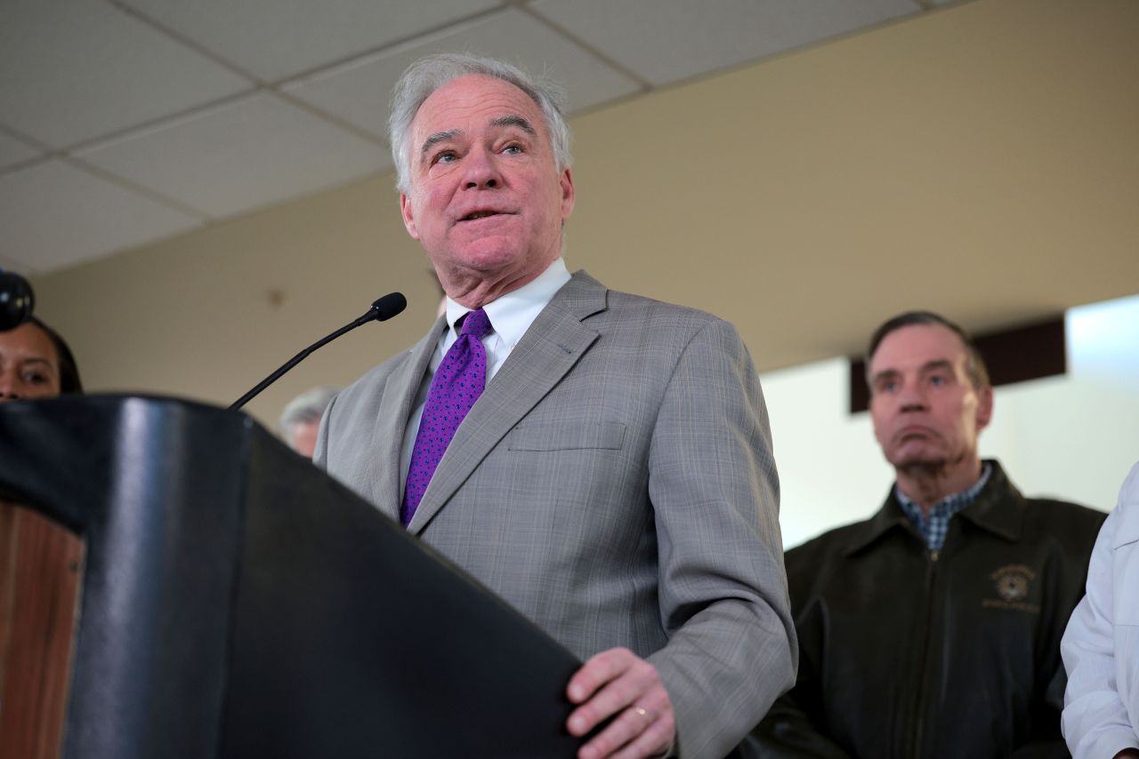 Sen. Tim Kaine speaks during a news conference in Arlington, Virginia on Thursday.