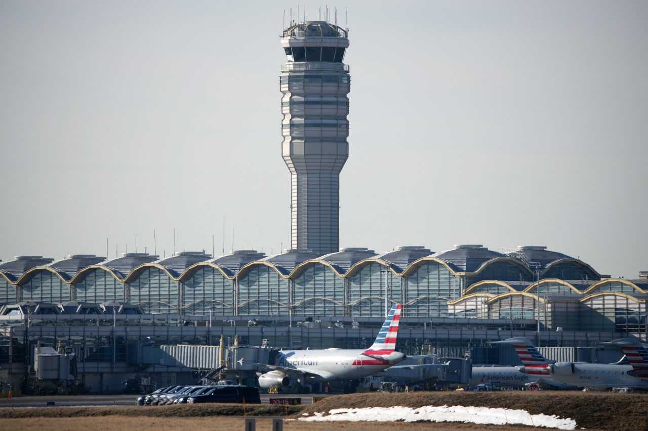 The control tower at the Reagan National Airport after the crash of an American Airlines plane on the Potomac River on approach to the airport on January 30, 2025 in Arlington, Virginia. The American Airlines flight from Wichita, Kansas collided midair with a military Black Hawk helicopter while on approach to Ronald Reagan Washington National Airport. According to reports, there were no survivors among the 67 people on both aircraft.