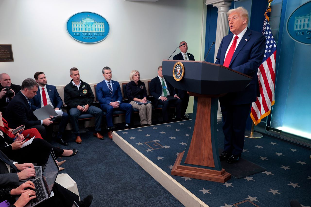 President Donald Trump speaks to reporters in the Brady Press Briefing Room at the White House on Thursday.