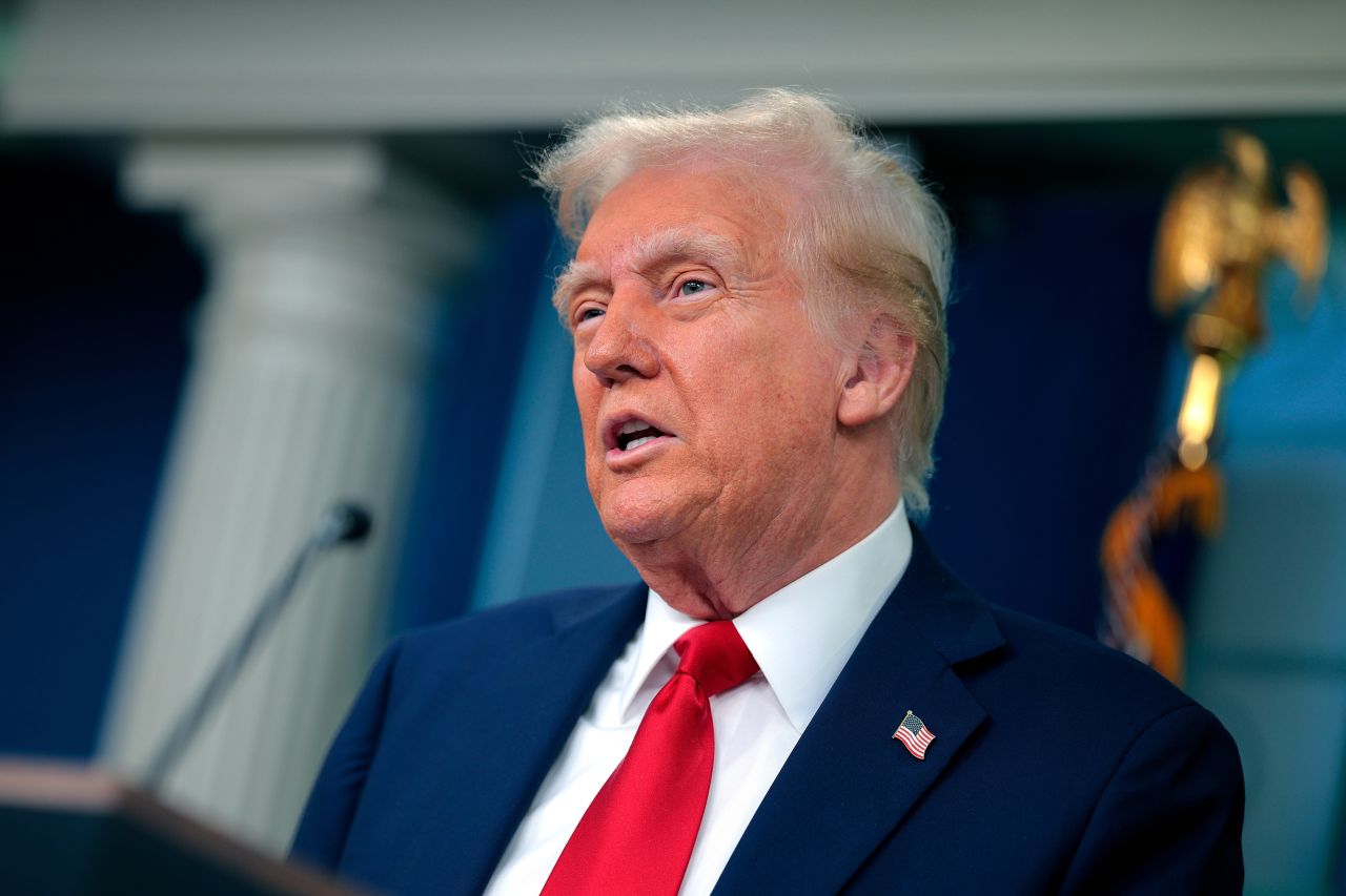 President Donald Trump speaks to reporters at the White House in Washington, DC on Thursday.