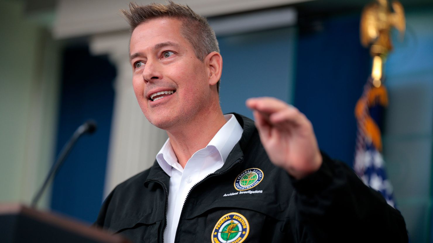 Secretary of Transportation Sean Duffy speaks at a press conference in January. Duffy has pushed an unprecedented plan to prioritize federal funding by birth and marriage rates.