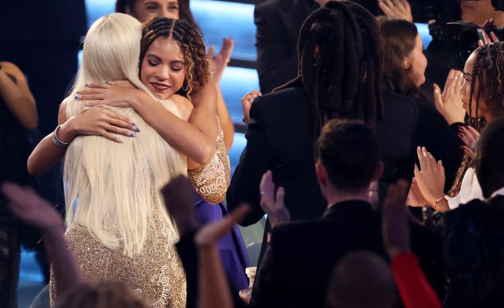 Beyoncé hugs her daughter after "Cowboy Carter" was announced as the album of the year winner.