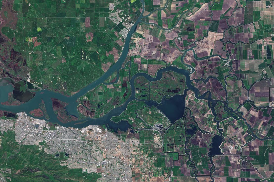 A satellite view of the Sacramento-San Joaquin Delta in Stockton, California, on April 18, 2024.