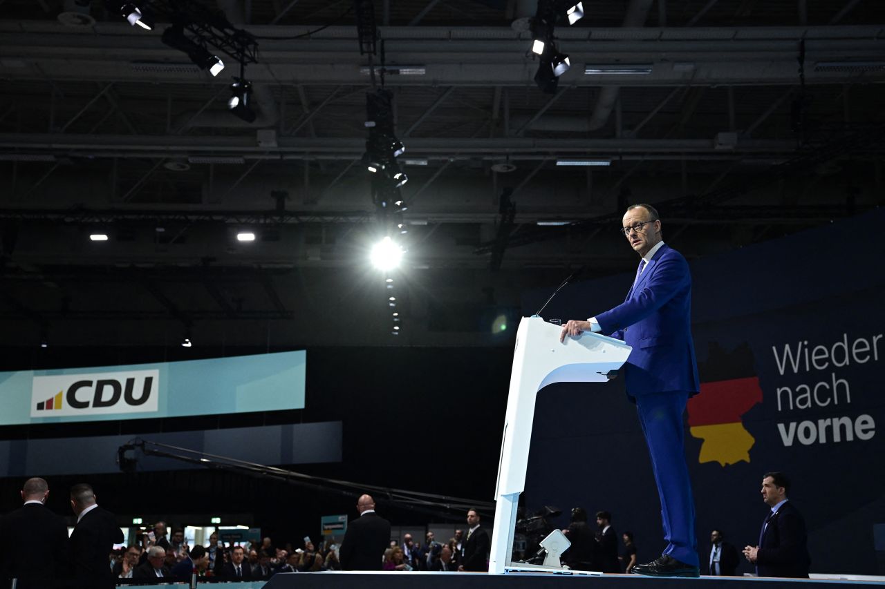 Friedrich Merz, leader of the Christian Democratic Union (CDU), addresses delegates during a party congress in Berlin on February 3.