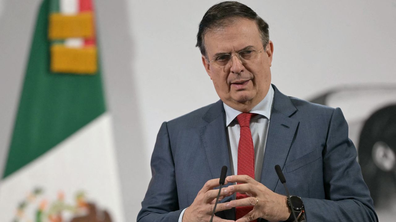 Mexico's Economy Secretary Marcelo Ebrard talks during the President's Claudia Sheinbaum daily press conference at the National Palace in Mexico City on February 3, 2025. Sheinbaum said February 3, the US has agreed to pause the start of tariffs on Mexican goods for one month, after talks with her counterpart Donald Trump. (Photo by Yuri CORTEZ / AFP) (Photo by YURI CORTEZ/AFP via Getty Images)          