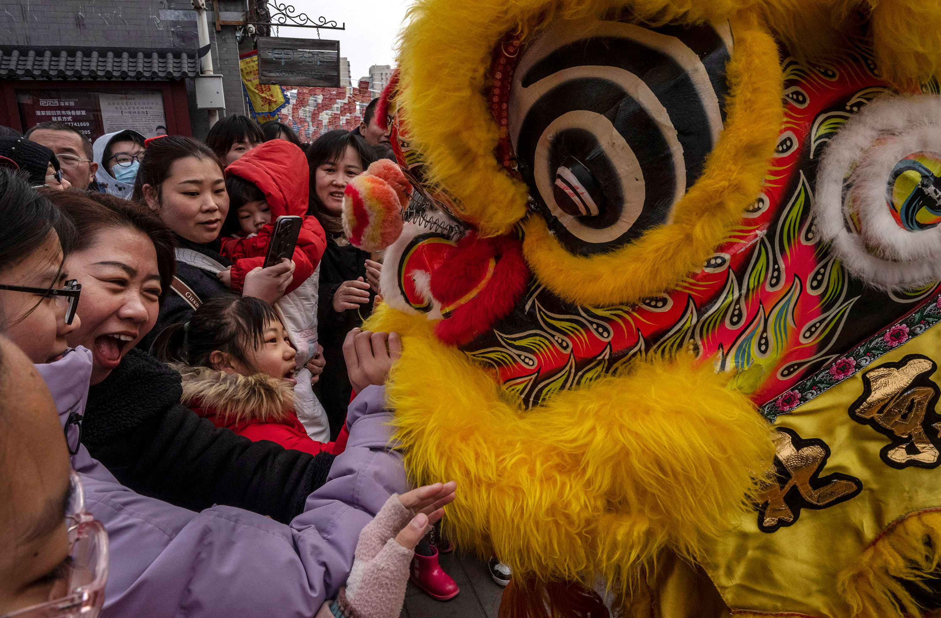 People touch the head of a lion dancer, during a performance for luck and good fortune, at the Chinese Lunar New Year and Spring Festival celebrations in Beijing, China, on Friday, January 31.
