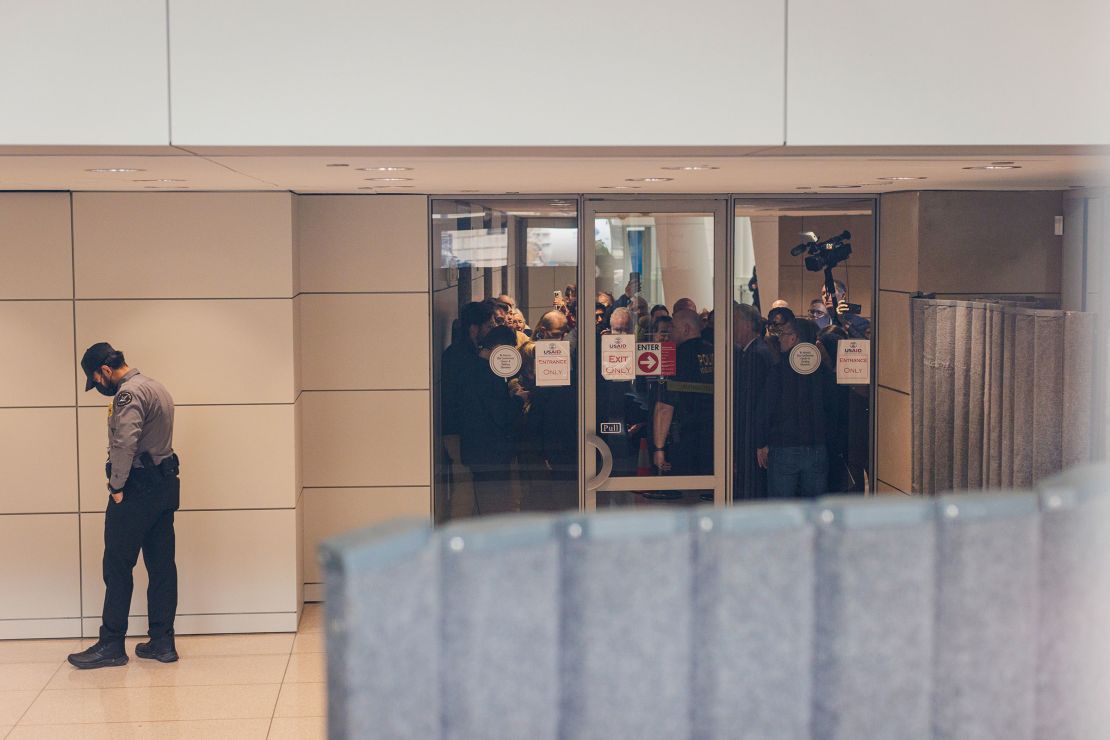 Department of Homeland Security officers restrict access to the US Agency for International Development headquarters in Washington, DC, on February 3, the same day Secretary of State Marco Rubio asserted he is in charge of the agency.