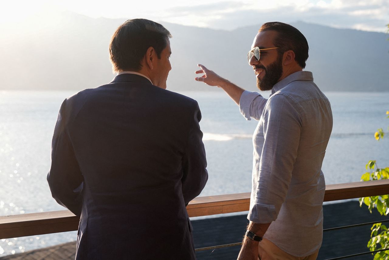 US Secretary of State Marco Rubio, left, meets with El Salvador's President Nayib Bukele at his residence at Lake Coatepeque in El Congo municipality, El Salvador, on Monday.