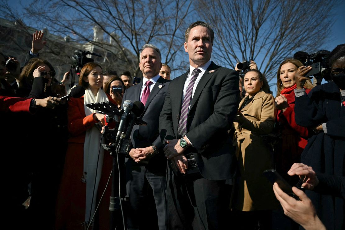 National security adviser Mike Waltz, right, with special envoy to the Middle East Steve Witkoff, speaks to reporters outside the White House in Washington, DC, on February 4.