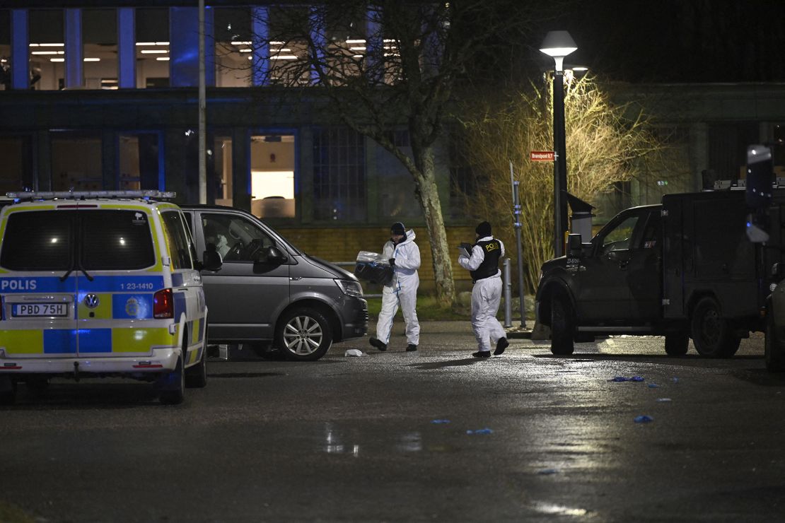 Forensic police officers are working on site for Campus Risbergska in Örebro on Tuesday.