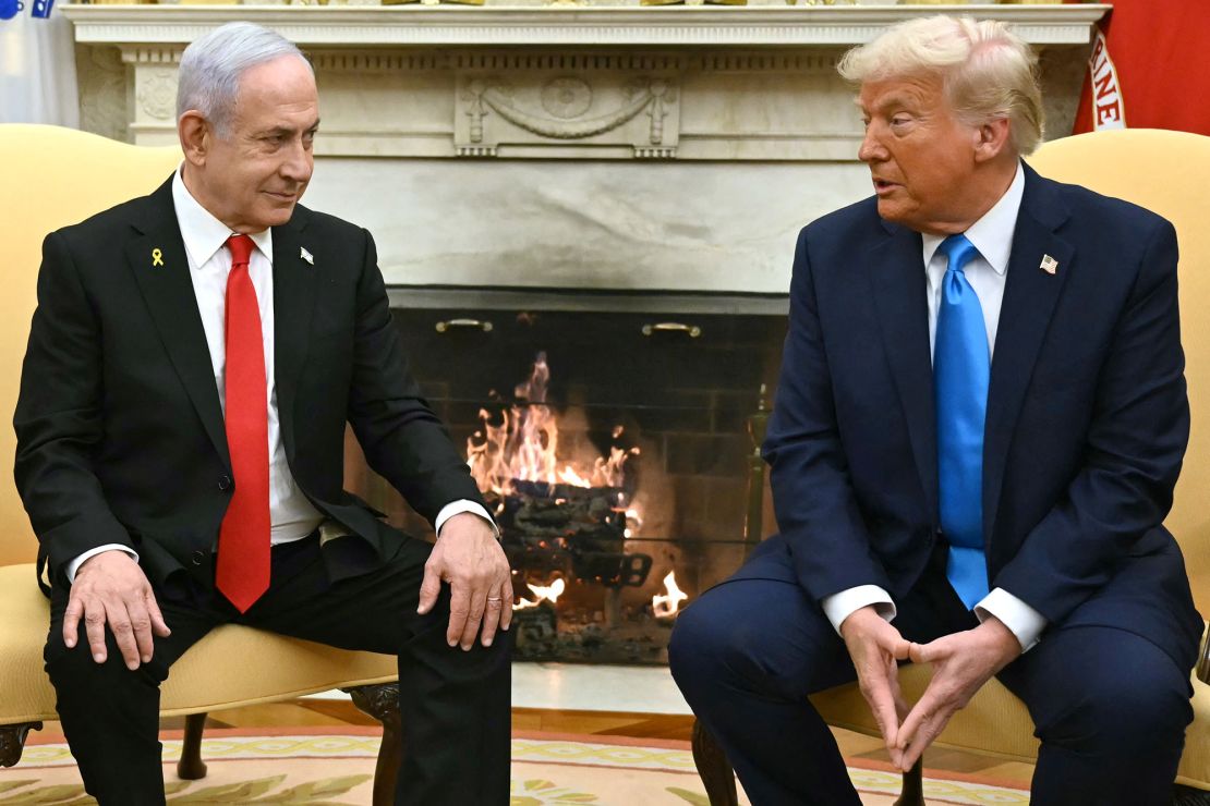 US President Donald Trump (R) meets with Israeli Prime Minister Benjamin Netanyahu in the Oval Office of the White House in Washington, DC, on February 4.