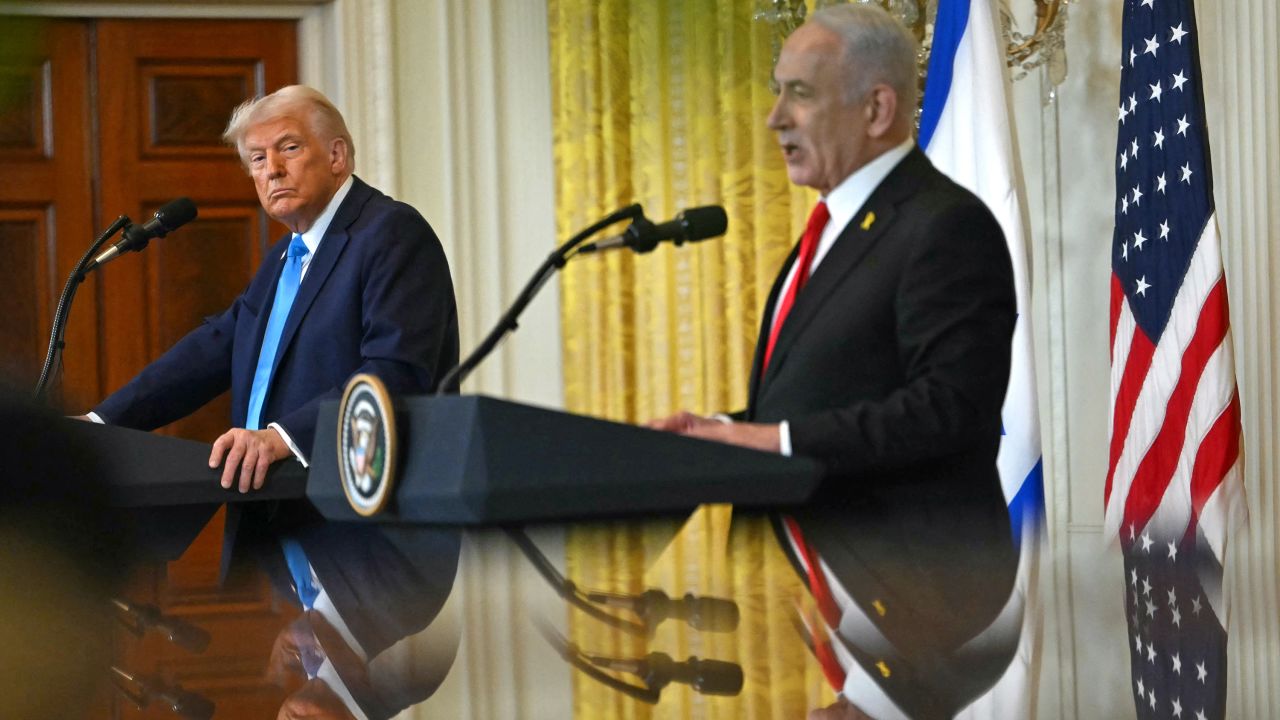 US President Donald Trump with Israel's Prime Minister Benjamin Netanyahu in the East Room of the White House in Washington, DC, on February 4.